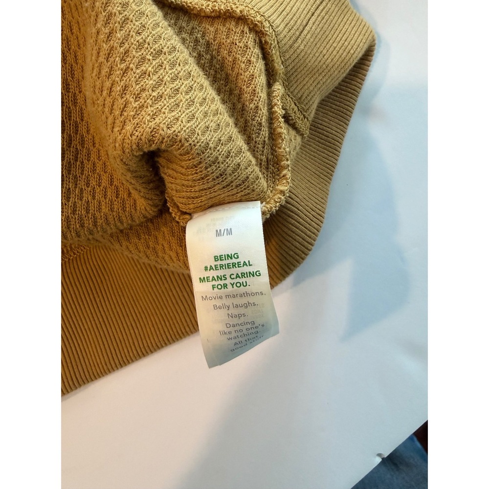 Aerie Mustard Yellow Cropped Textured Waffle Knit Hoodie Sweatshirt Womens M - Picture 6 of 7